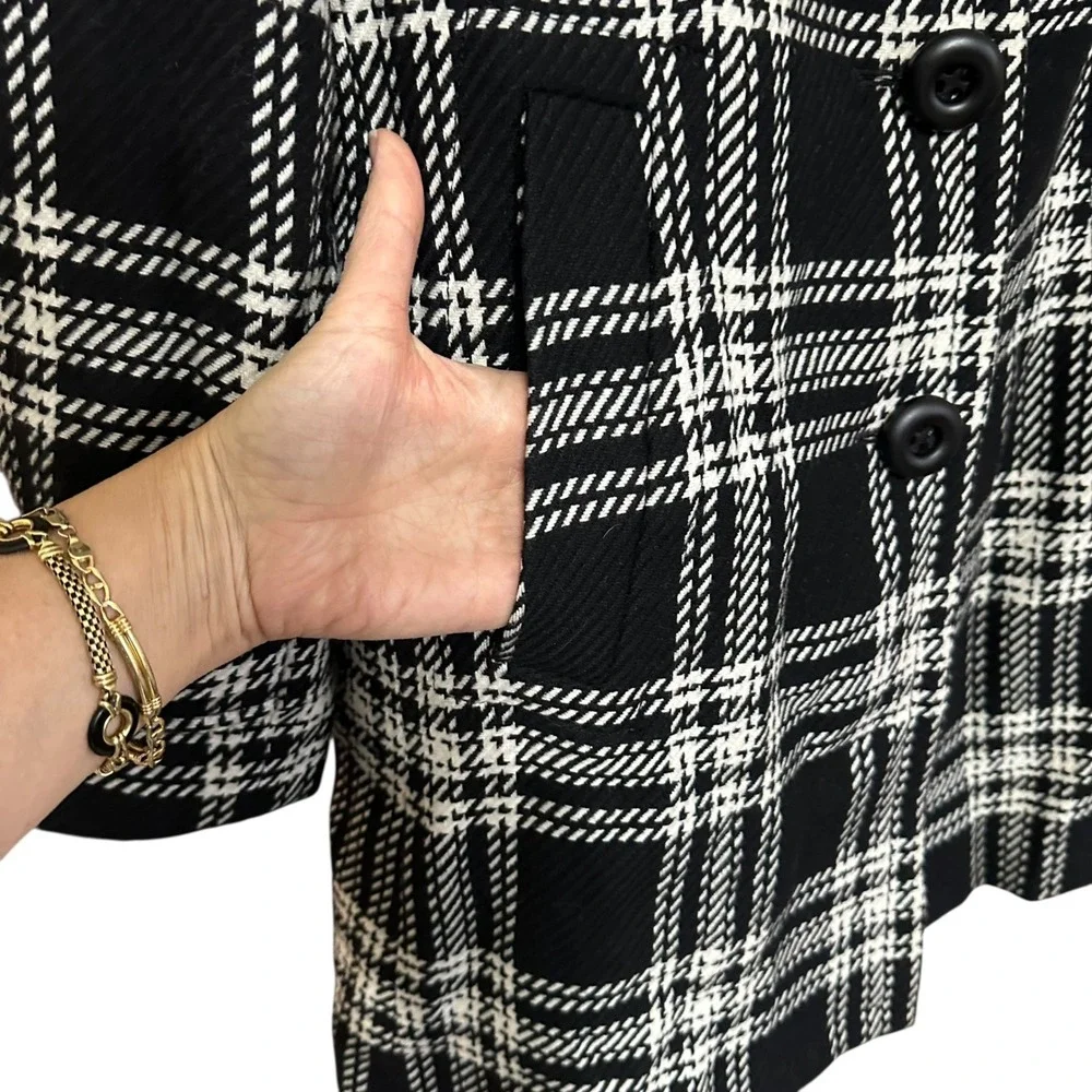 TALBOTS Womens Black White Plaid Wool Blend Pea‎ Coat Sz 12 Jacket